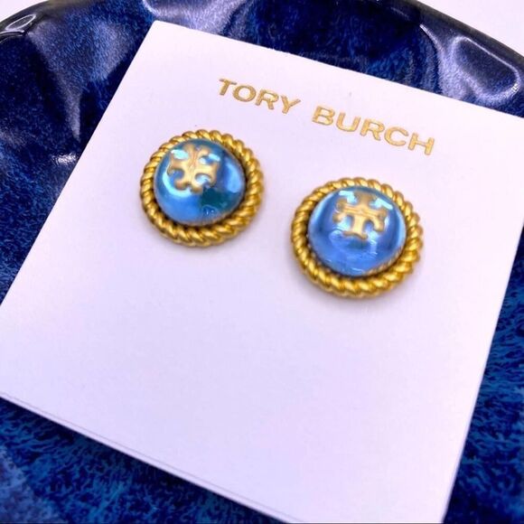 NWOT Tory Burch Gold Logo Light Blue Iridescent Stud Earrings - Picture 3 of 8
